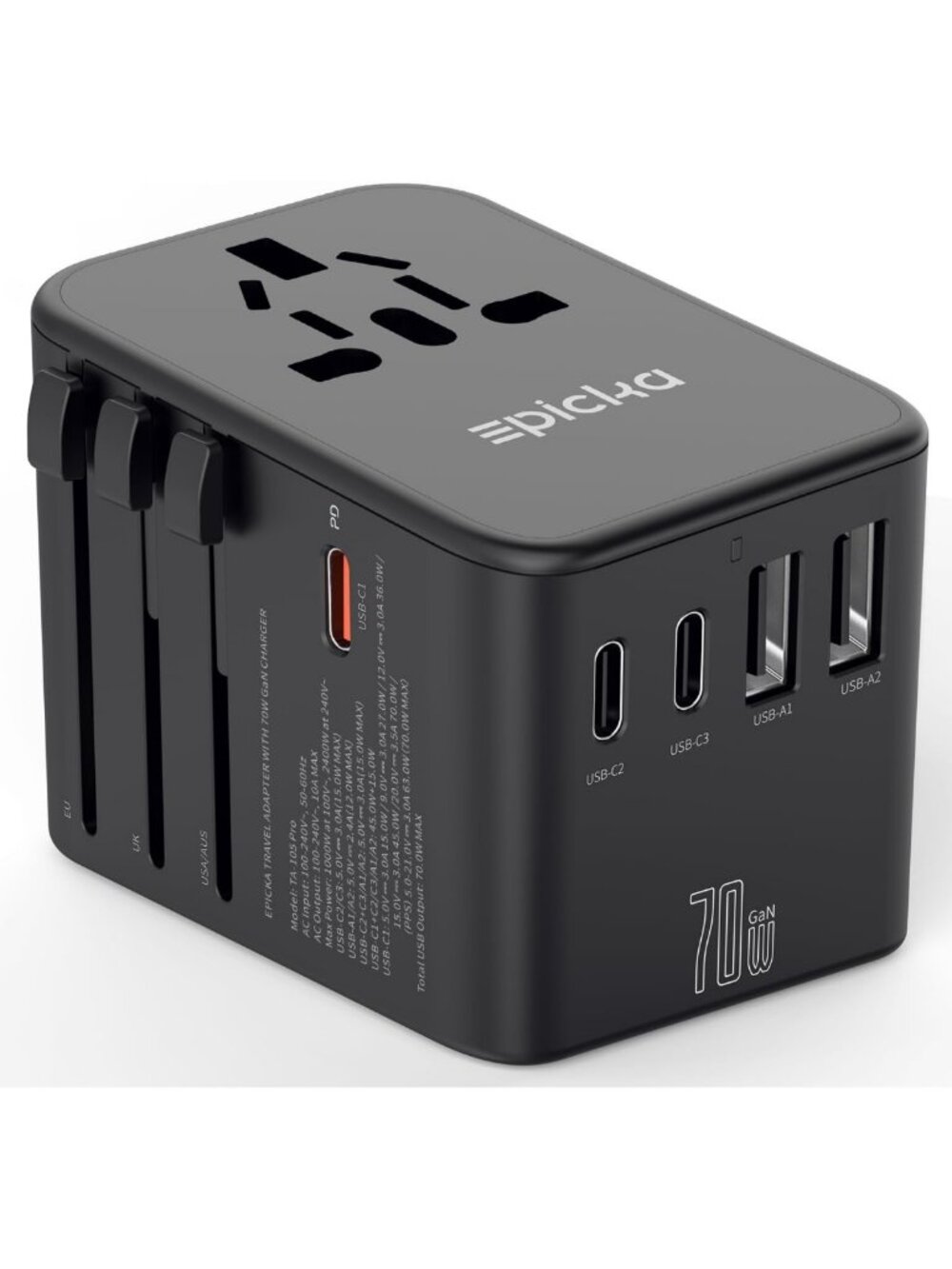 Universal 70W GaN PD Travel Adapter - 3 USB-C & 2 USB-A Ports, Compact Design